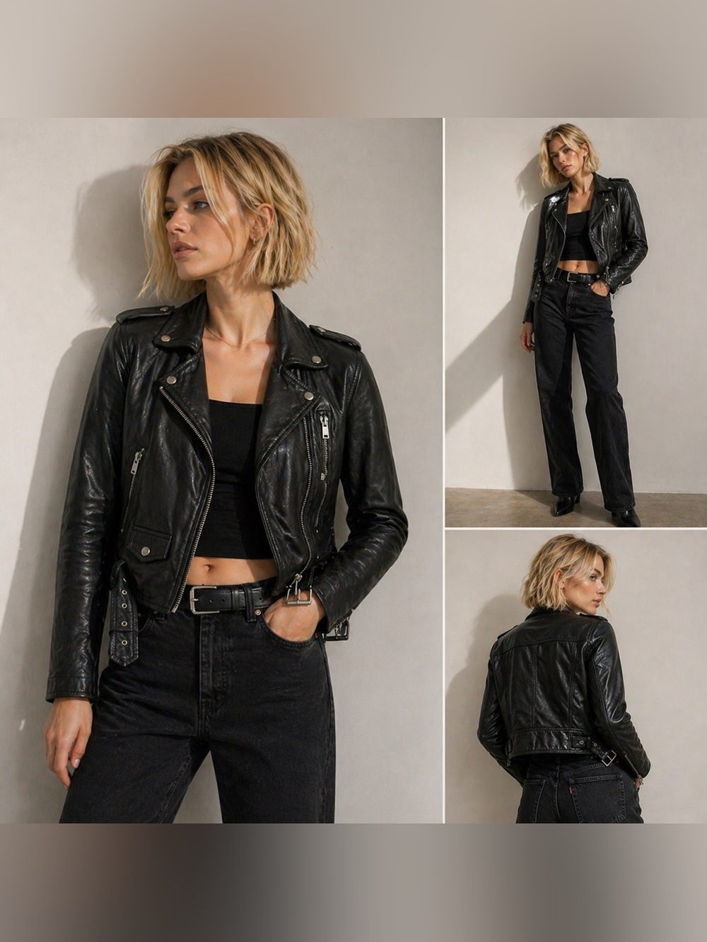 Superdry 100% Sheepskin Leather Moto Jacket Black Cropped Biker Women S
